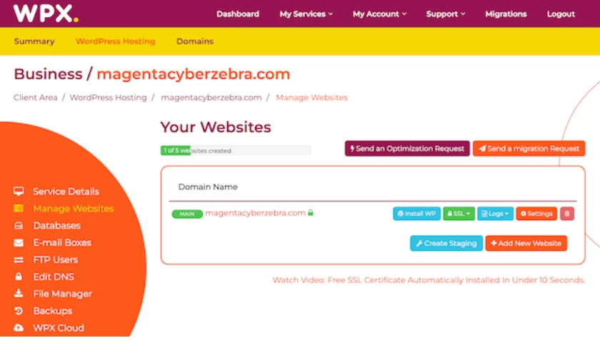 WPX hosting website management in control panel - HighTechBlogging
