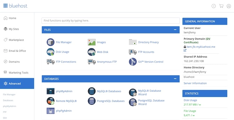 Bluehost cPanel Control Panel - HighTech Blogging