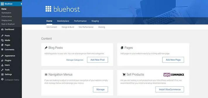 Bluehost vs Hostinger Bluehost Menu - HighTech Blogging
