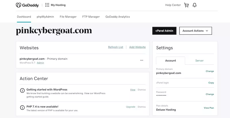 Website Management Area In GoDaddy Interface - HighTech Blogging